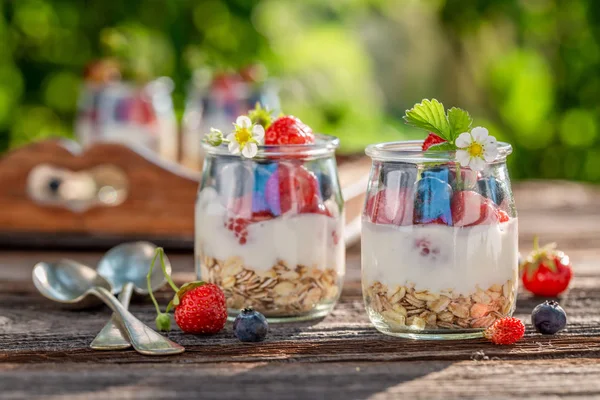 Granola casera en frasco con yogur y bayas — Foto de Stock