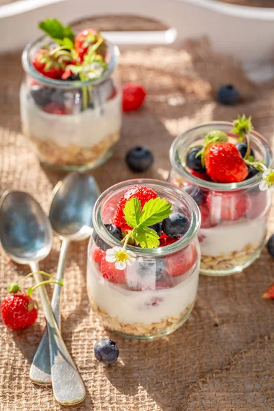 Deliziosi fiocchi d'avena in vaso con yogurt e bacche — Foto Stock