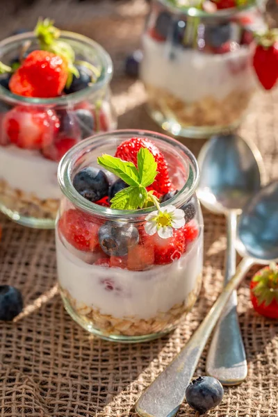 Kotitekoisia kaurahiutaleita purkissa jogurtin ja marjojen kanssa — kuvapankkivalokuva