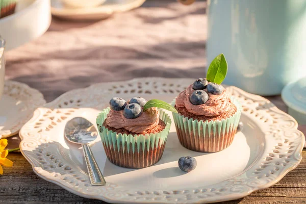 Sweet chocolate muffin in sunny summer garden — Stock Photo, Image