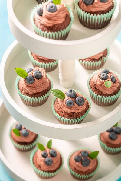 Słodki muffin z jagodami i krem czekoladowy — Zdjęcie stockowe