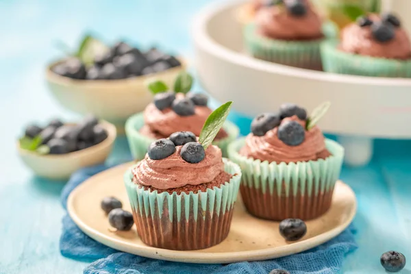 Fresh cupcake with blueberries and chocolate cream — Stock Photo, Image