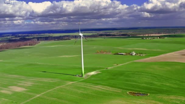 Zöld Mező Tavasszal Légi Nézetben Szélturbina — Stock videók