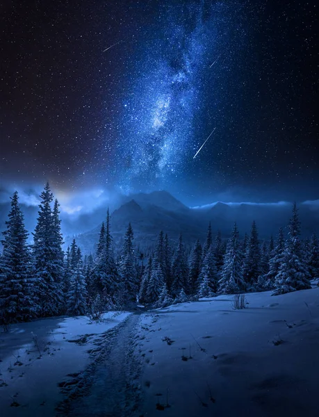 Droga Mleczna, Tatry górskie zimą w nocy, Polska — Zdjęcie stockowe