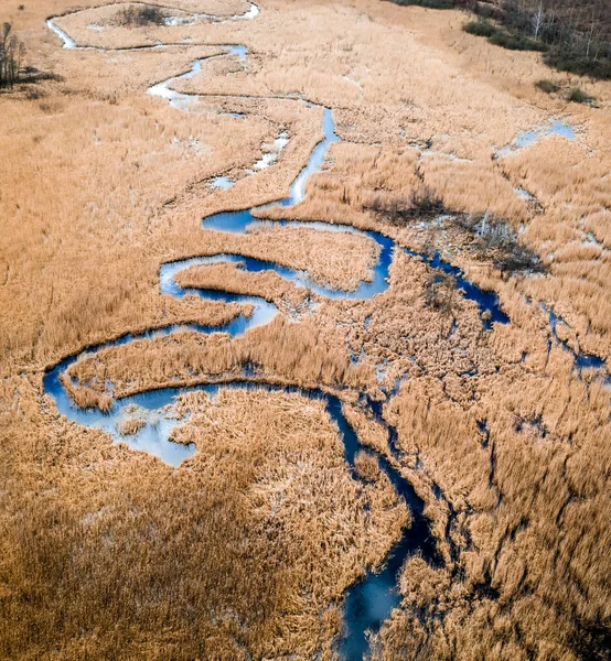 Volando por encima del río azul y pantanos marrones —  Fotos de Stock