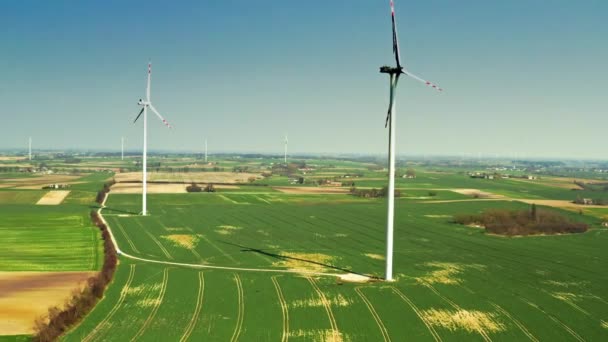 Vue d'un parc éolien brûlé sur un champ vert — Video