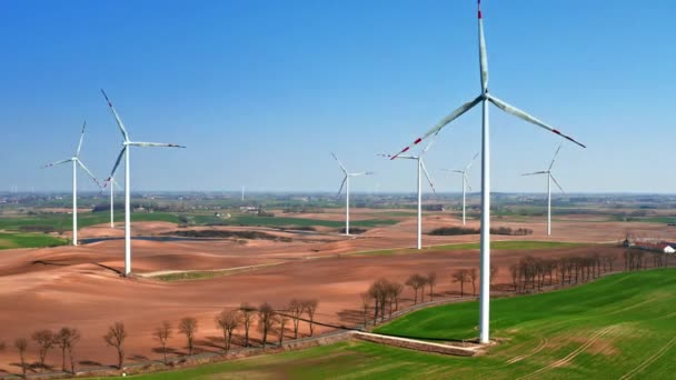 Granjas de aerogeneradores en el campo cerca de la carretera — Vídeos de Stock