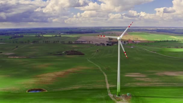 White wind turbines as alternative energy, aerial view, Poland — 비디오