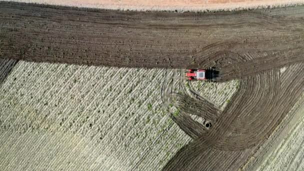 Czerwony ciągnik pracujący na wiosennym polu, Polska, widok z lotu ptaka — Wideo stockowe