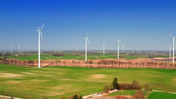 Luftaufnahme des Parks weißer Windkraftanlagen auf dem Frühlingsfeld — Stockvideo