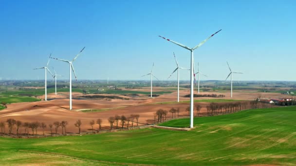 晴れた日にフィールドと小さなトラクターの大規模な風力発電所、航空写真 — ストック動画