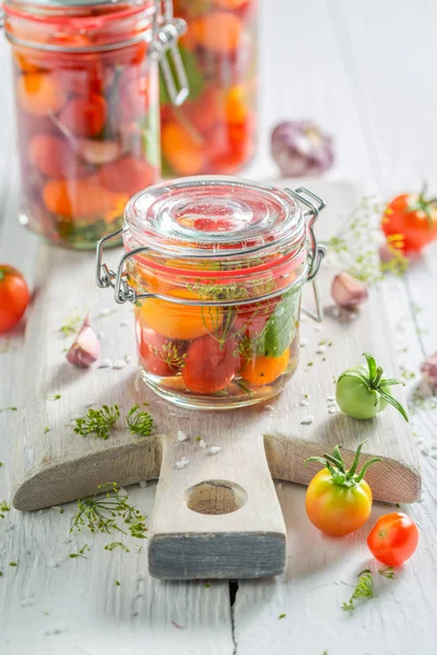 Closeup of healthy canned red tomatoes in the jar — Stock Photo, Image