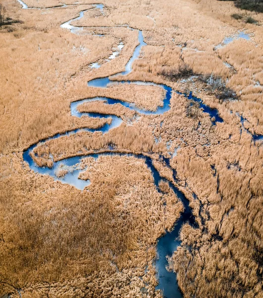 Letecký pohled na modrou řeku a hnědé bažiny v Polsku — Stock fotografie