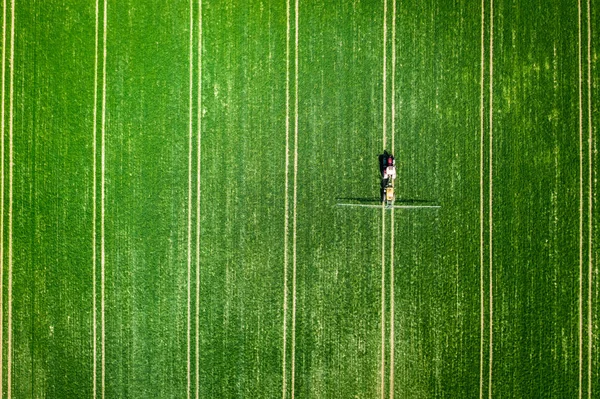 Kleiner Traktor, der Chemikalien auf dem Feld versprüht, Luftaufnahme — Stockfoto