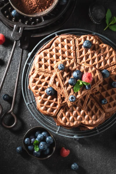 Süße Waffeln aus Kakao mit frischen Beeren — Stockfoto