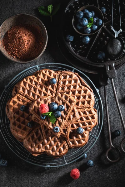 Deilige vafler laget av kakao med friske bær – stockfoto