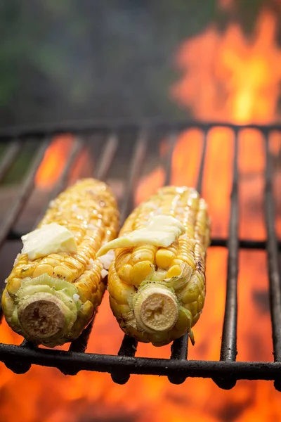 Maíz fresco a la parrilla con sal y mantequilla en verano —  Fotos de Stock