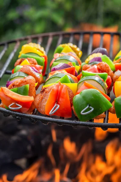 Closeup of skewers on grill with meat and vegetables — Stock Photo, Image