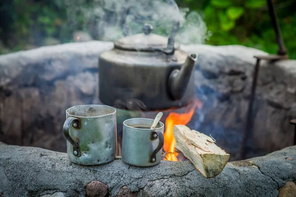 Yaz aylarında şenlik ateşinde su ısıtıcısı ile sıcak aromatik kahve — Stok fotoğraf