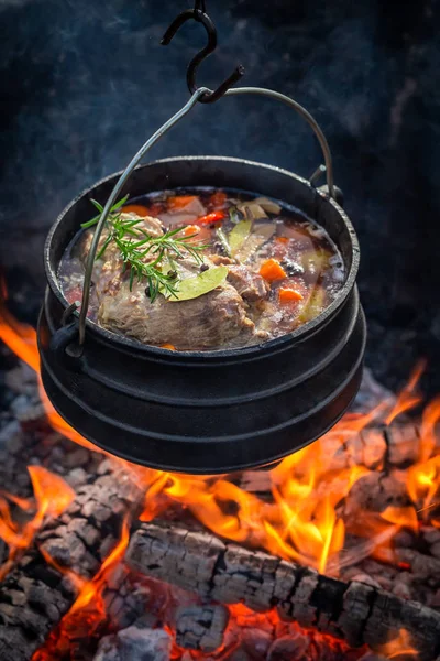 Estofado de cazador delicioso y fresco con verduras en hoguera — Foto de Stock