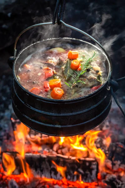 Guiso casero y sabroso de cazador con carne y zanahorias — Foto de Stock