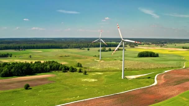 Två vindkraftverk på Green Field på sommaren Polen, utsikt från luften — Stockvideo