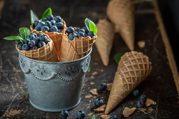 Dondurma konsepti olarak waffels taze ve tatlı yaban mersini — Stok fotoğraf