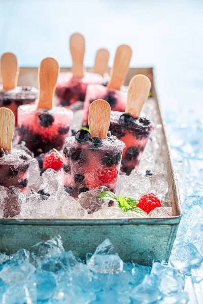 多汁和冷的冰淇淋与浆果在冰上 — 图库照片