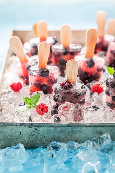 Kall och välsmakande bär frukter glass på kall is — Stockfoto