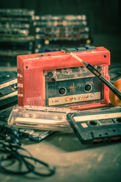 Closeup of antique audio cassette with walkman and headphones — Stock Photo, Image