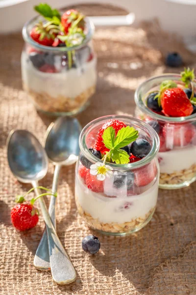 Fiocchi d'avena in vaso con yogurt e bacche — Foto Stock