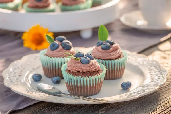 Closeup of brown cupcake made of cream and berries — Stock Photo, Image
