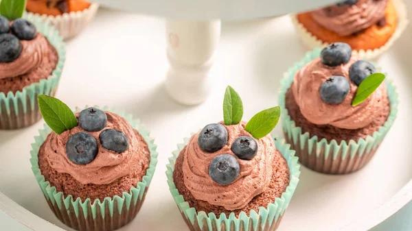 Close-up van zelfgemaakte cupcake gemaakt van chocolade crème en bessen — Stockfoto