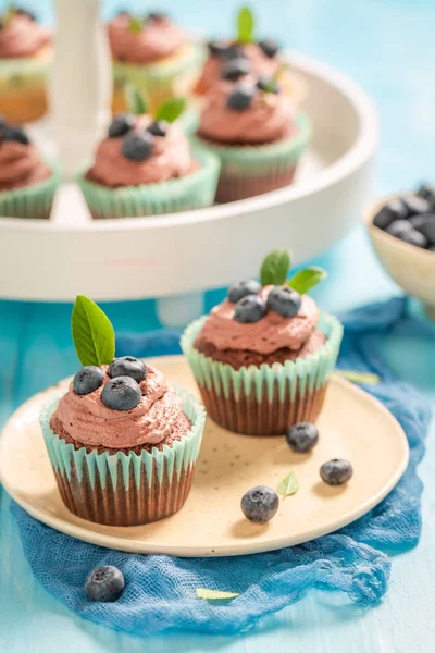 Muffinka wykonana z kremu czekoladowego z jagodami — Zdjęcie stockowe