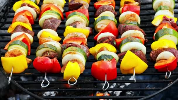 Brochettes maison et épicées sur le gril avec viande et légumes en été — Video