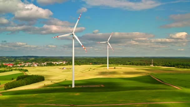 Turbinas eólicas en campo verde en verano, Polonia desde arriba en verano — Vídeo de stock