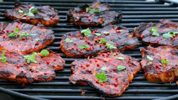 Sabroso y picante cuello de cerdo en una parrilla caliente en verano — Vídeos de Stock