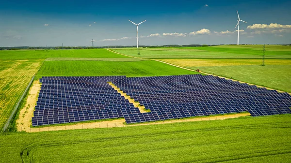 Solar panels and wind turbines, aerial view of Poland — Stock Photo, Image