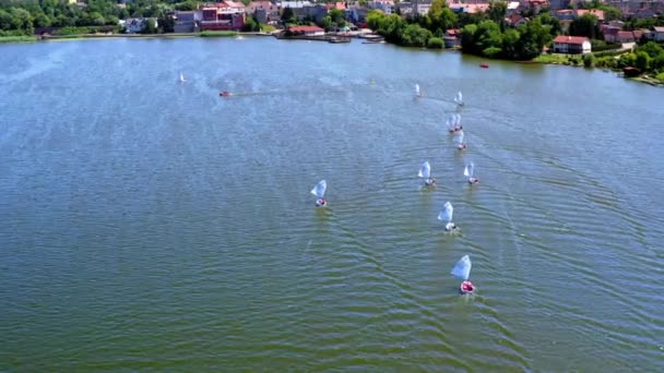Ιστιοπλοϊκό με λευκές βάρκες στη λίμνη, θέα από πάνω — Αρχείο Βίντεο