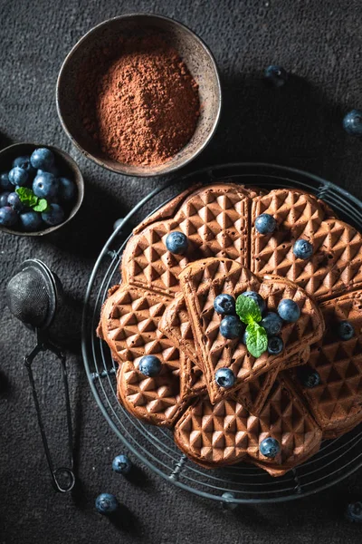 Topputsikt över våfflor av kakao med blåbär — Stockfoto