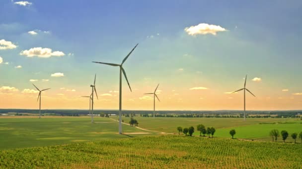 Big wind turbines in sunny summer Poland, aerial view — Stock Video