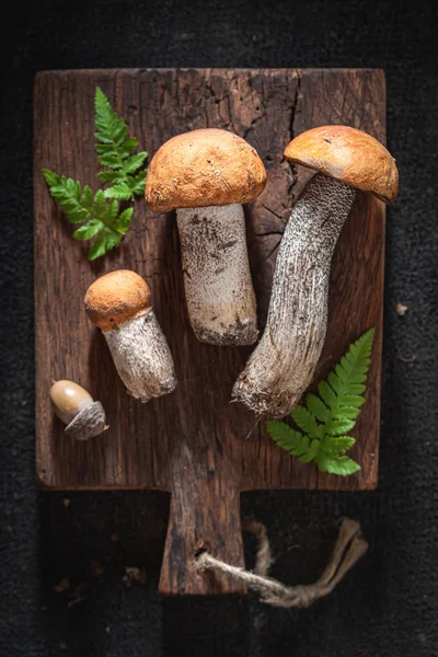 Cogumelos silvestres saborosos e frescos em tábua de madeira — Fotografia de Stock