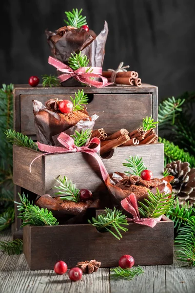 Zoete peperkoek muffins voor Kerstmis met cranberry en lint — Stockfoto