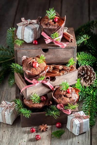 Smakelijke peperkoek muffins voor Kerstmis versierd met sparren — Stockfoto