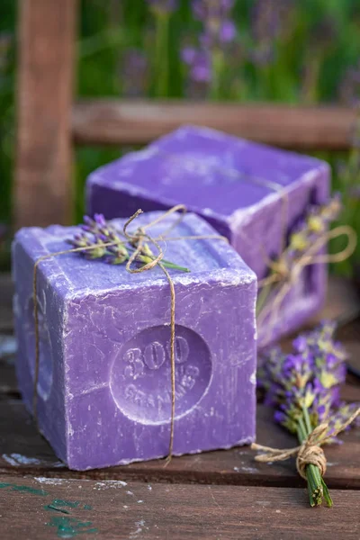 Fukt och naturlig lavendel tvål i sommarträdgård — Stockfoto