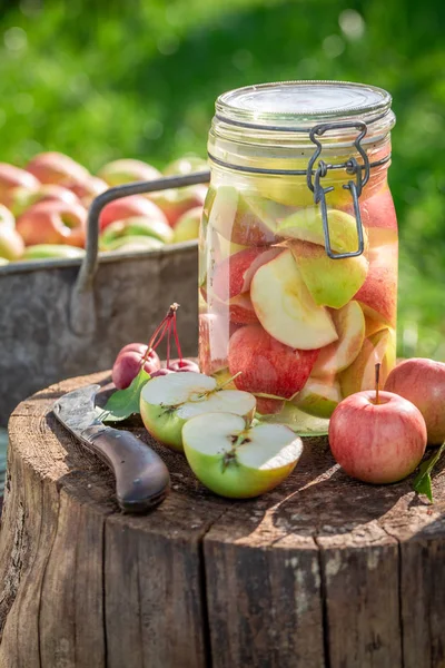 Подготовка к домашнему компоту яблок в летнем саду — стоковое фото