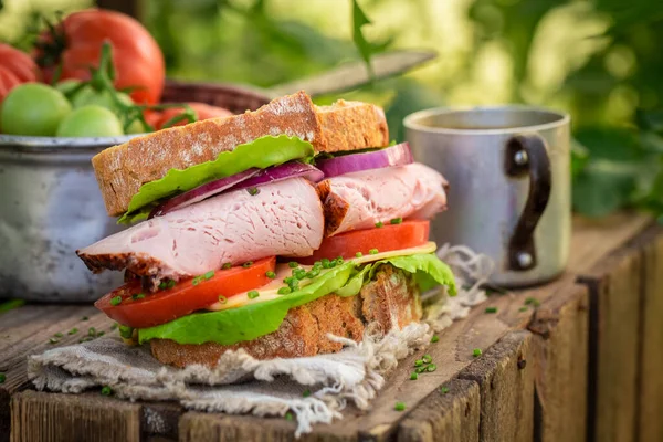 Homemade sandwich with lettuce, tomato and ham in summer greenhouse — Stock Photo, Image