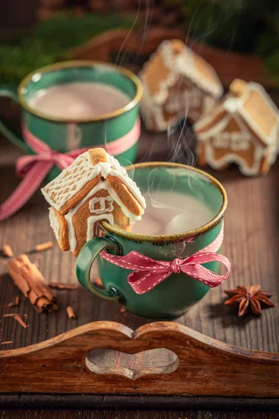 Cute gingerbread cottages with sweet cocoa as Christmas snack — Stock Photo, Image