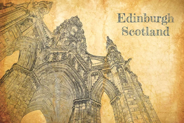 Scott Monument Edinburgh Schets Oud Papier — Stockfoto