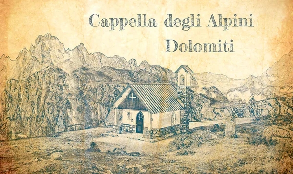 Skiss Över Cappella Degli Alpini Dolomiterna Italien — Stockfoto